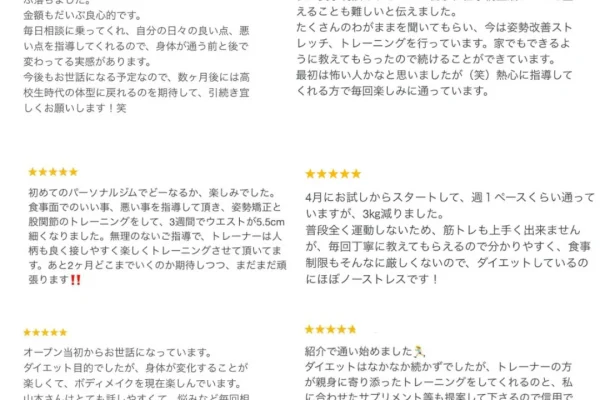パーソナルジムの5段階評価の口コミレビュー6件のスクリーンショット